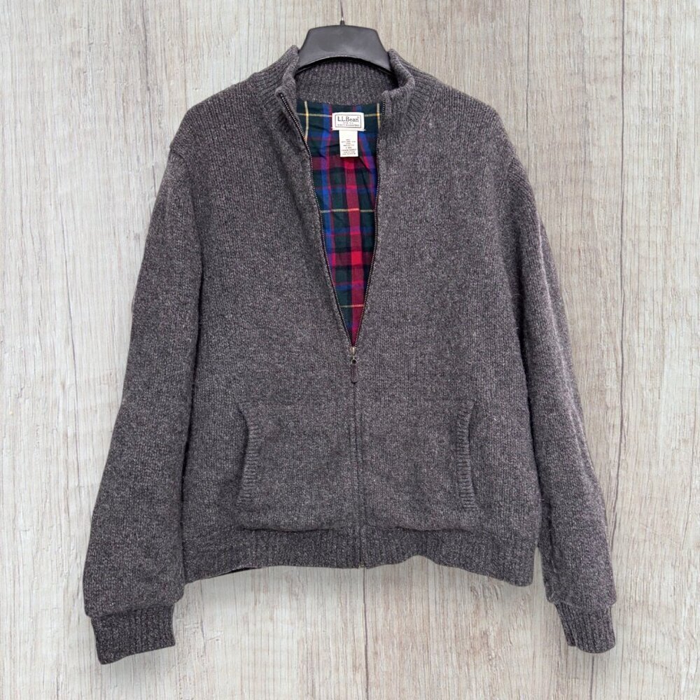 LL Bean Lambswool Bomber Jacket Gray Tartan Lined Zip Front Classic Coat Mens L